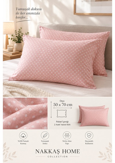 Nakkaş Home Collection 2'li Pamuklu Fermuarlı Yastık Kılıfı Seti - 50x70 Cm Düz Renk Yastık Kılıfı Açık Pembe