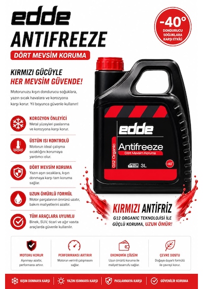 Edde Araba Araç Oto Antifriz Kırmızı 3l Dört Mevsim