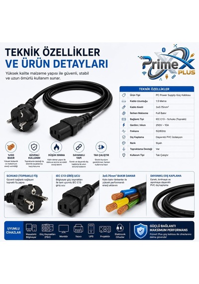 Primex Px-pwr15 1.5 Metre Pc Power Supply Güç Kablosu, 3x0.75mm Full Bakır Psu Power Kablo, Bilgisayar Kasa Monitör Yazıcı Ups Ve Uyumlu Elektronik Cihazlar İçin Standart Güç Kablosu