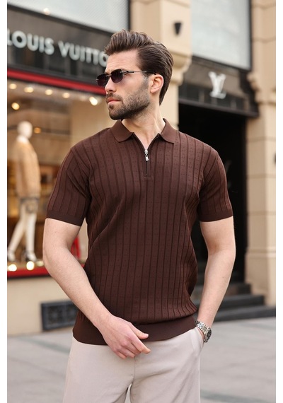 Kahverengi Polo Yaka Slim Fit Triko Erkek Tişört E7465 Kahverengi