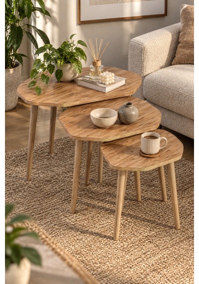 Sulorahome 3'lü Geometrik Zigon Sehpa Seti Kahverengi Atlantik Çam Desenli
