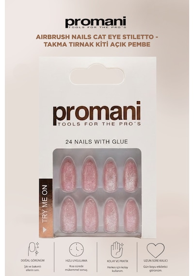 Airbrush Nails Cat Eye Stiletto - Takma Tırnak Kiti Açık Pembe