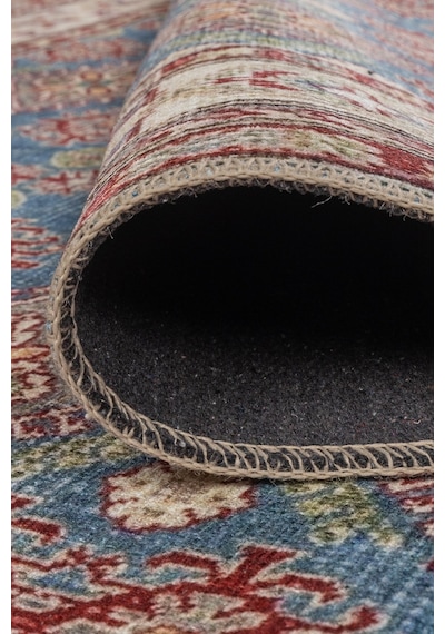 Artloop Folk Mavi Kiremit Vintage Etnik Geometrik Desenli Dokuma Tabanlı Şönil Halı Al 610