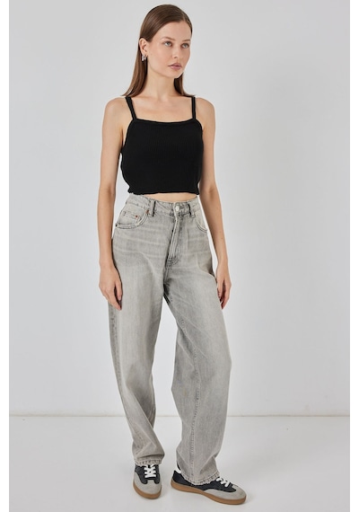 Hiccup Bdart Kare Yaka Ribana Örgü Crop Top Siyah