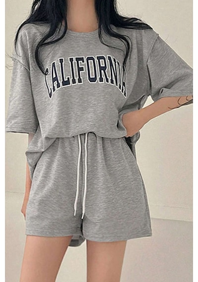 Uyguntarz Unisex California Detay Baskılı Şort Takım Gri