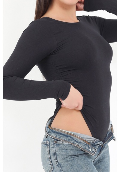 Giysa Kadın Siyah Sırt Dekolteli Uzun Kollu Çıtçıtlı Esnek Zıbın Body - 2440 Siyah