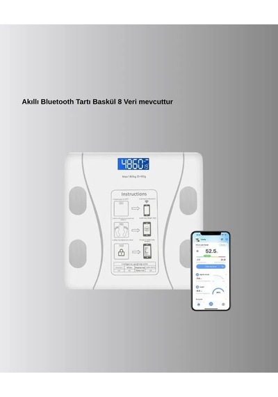 Akıllı Dijital Baskül Bluetooth Bağlantılı, 8 Ölçüm Verili, Akıllı Vücut İz Tartısı