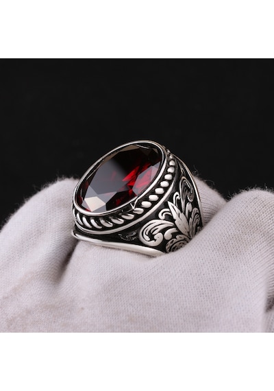 Fkgümüş 925 Ayar Gümüş Ruby Taşlı Yaprak Desenli Erkek Yüzük