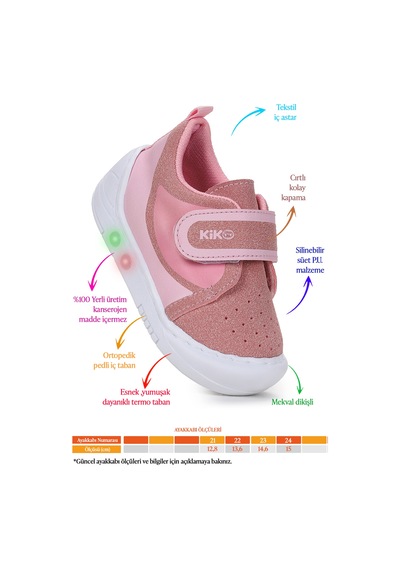 Kiko Kids Kugan Cırtlı Işıklı Kız Bebek Yürüyüş Spor Ayakkabı Pembe Pembe