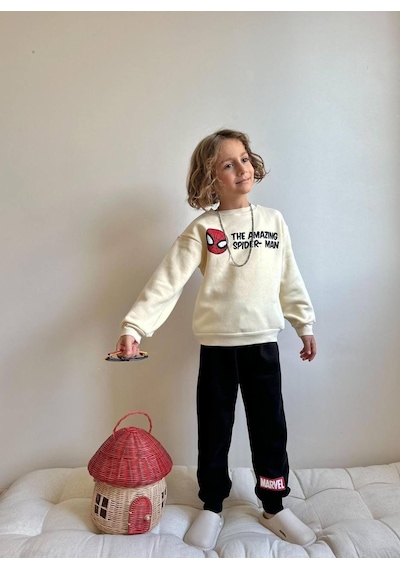 Miniko Kids Erkek Çocuk Örümcek Adam Baskılı 3 İplik Şardonlu Eşofman Takımı Ekru
