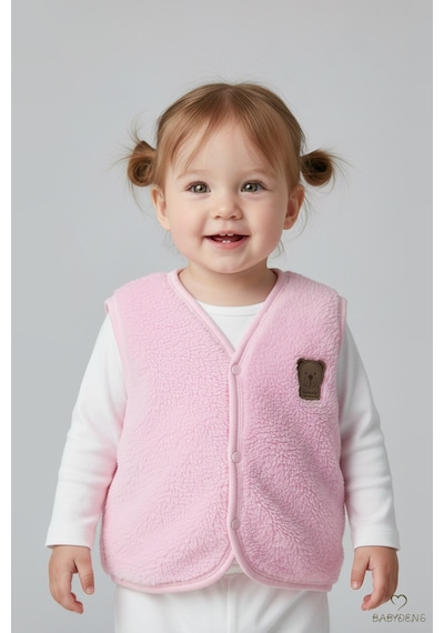 Babyden's Welsoft Kız Bebek Çocuk Çıtçıtlı Yelek Yumuşak Dokulu,ayıcık Armalı,peluş Bebek Yeleği Pembe
