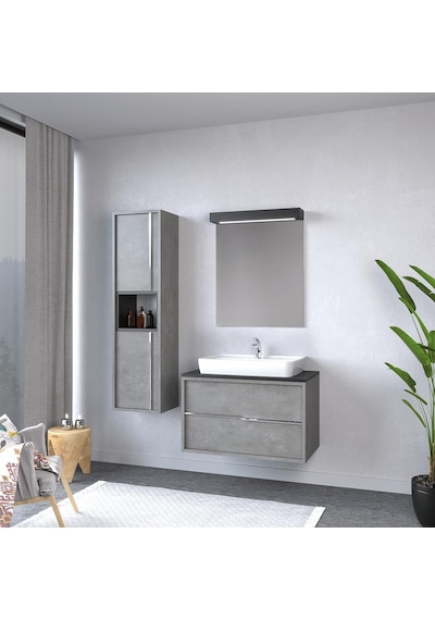 Denko Matia 80 Cm Mdf Retro Gümüş Banyo Banyo Dolabı Takımı + Boy Dolabı Gümüş