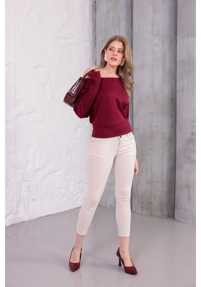 Ckm Moda Luna Yarasa Kol Bel Büzgü Detaylı Bluz Bordo