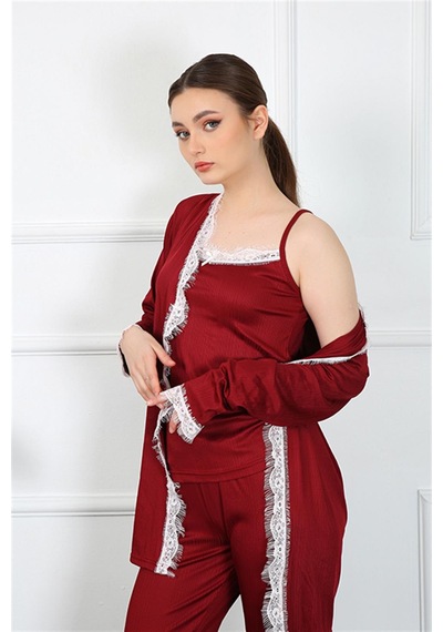İbrahim Burak Etiler Collection Moda Çizgi Kadın 3'lü Bordo Sabahlık Takım 16108