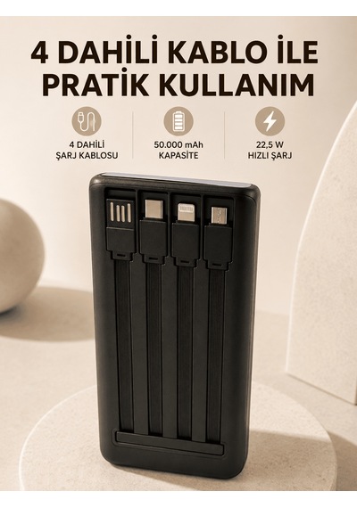 Hızlı Şarj Powerbank 50.000 Mah 4 Dahili Kablolu Led Aydınlatmalı Dijital Göstergeli Taşınabilir siyah