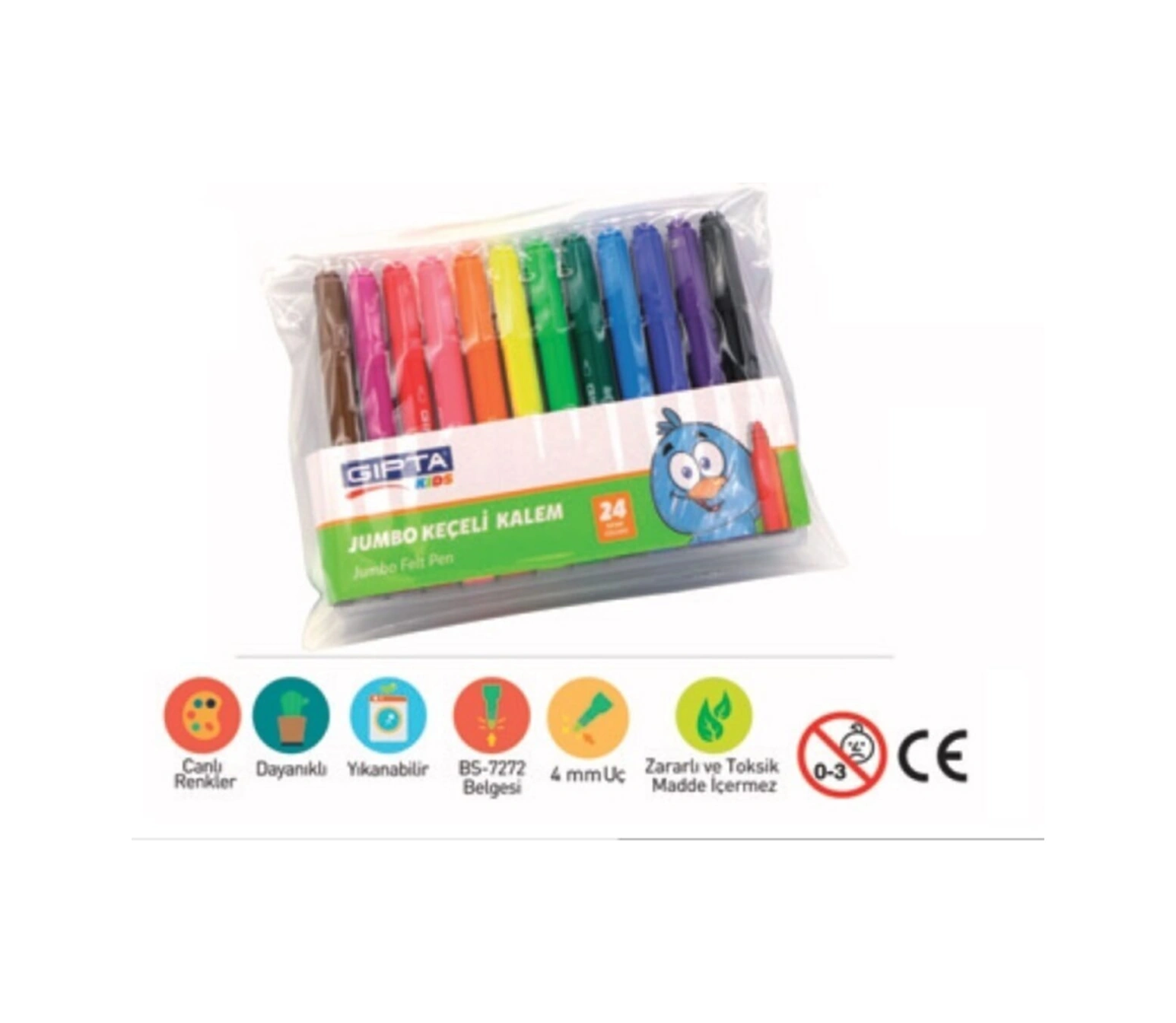 Jumbo Keçeli Boya Kalemi Pvc Zip Çanta 24 Renk K4102
