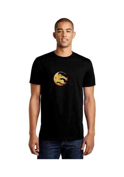 Silhouette Orange Halloween Moon With Bats Baskılı Siyah Erkek T