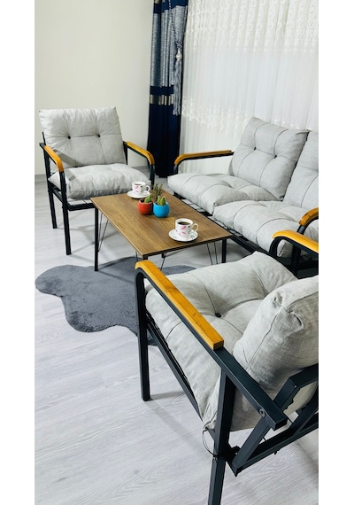 Madame Home Kaktüs Balkon, Bahçe,teras,cafe - Salon - Metal Kanepe Koltuk Takımı - 2 1 1 Sehpa Açık Gri