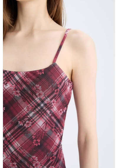 DeFacto Bodycon Vücudu Saran Kareli Tül Askılı Maxi Elbise D5034AX25SPBR248