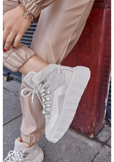 Candy Bej Hakiki Deri Kadın Sneaker Bot-Bej