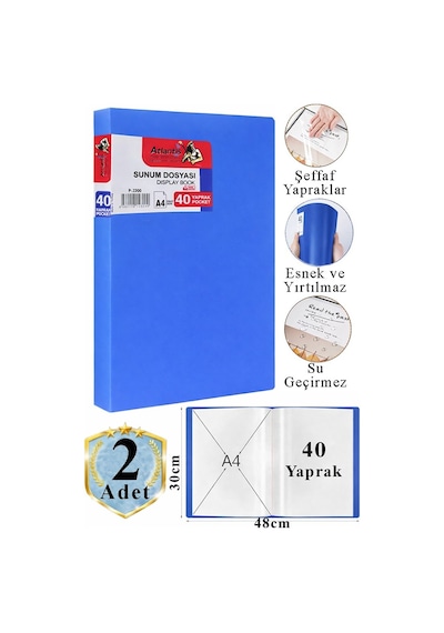 Mavi Sunum Dosyası 40 Lı 2 Adet Poşet Dosyalı Katalog Dosyası 40 Poşetli Kendinden Dosya Plastik Kapaklı Mavi
