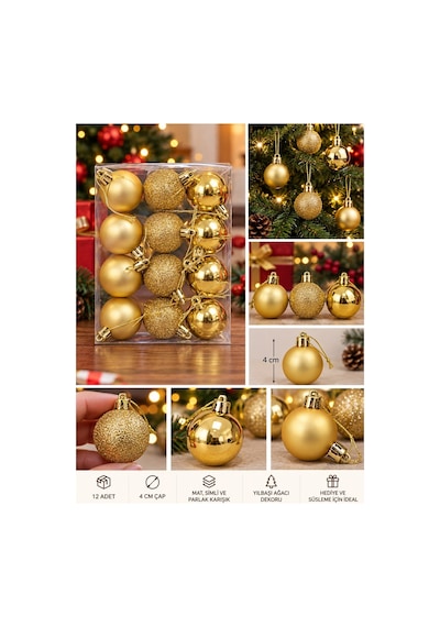 Yeni Yıla Özel 12 Parça Yılbaşı Çam Ağacı Topları Sarı Gold Renkli Noel Ağacı Süs Topları 4 Cm Diğer