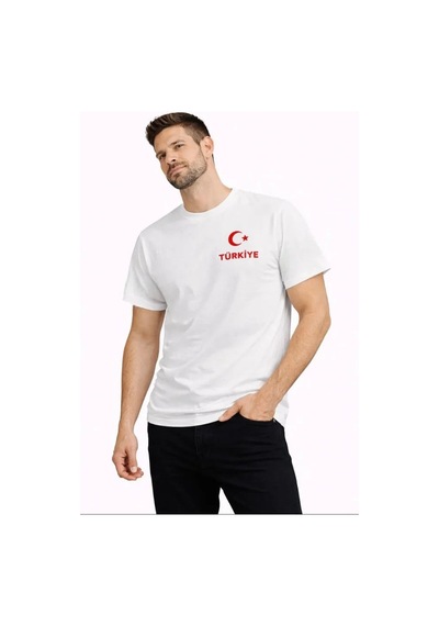 Yake Store Erkek Türkiye Ay Yıldız Baskılı Taraftar Forma T-shirt - Beyaz - Beyaz