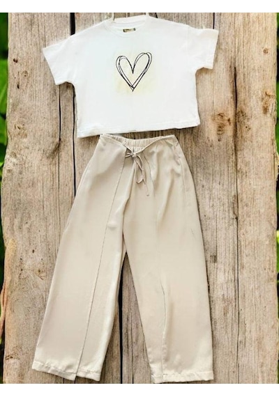 Zekids Kız Çocuk Yırtmaçlı Pantolonlu Takım-14496 Bej