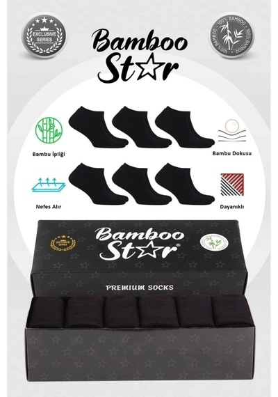 Bamboo Star Bambu Erkek Patik Düz Siyah Çorap Dikişsiz Premium Kutulu 6'lı
