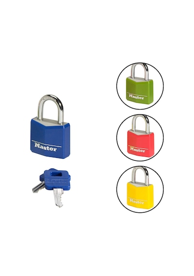 Master Lock Anahtarlı Asma Kilit Masif Alüminyum Vinil Kaplamalı, Mavi, Sarı, Kırmızı, 5,2 Cm X 3 Cm X 1,6 Cm
