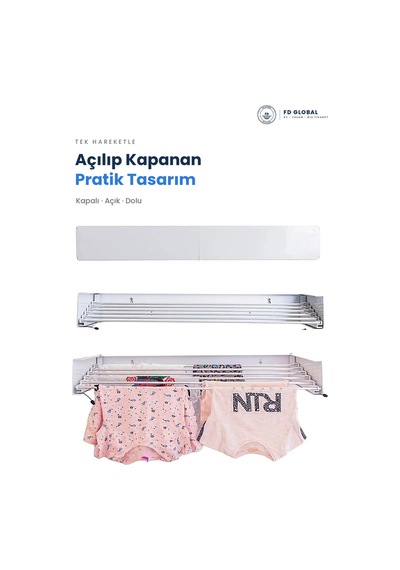 Fd Global Katlanır Duvar Tipi Çamaşır Askısı 80 Cm 25 Kg Kapasite Kapalıyken 3 Cm İnce Tasarım Beyaz Beyaz