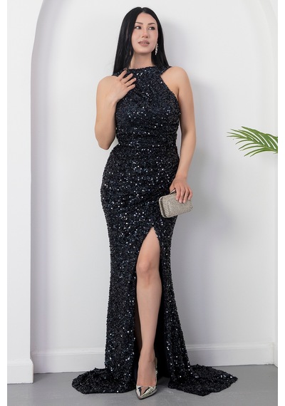 Kalopya Halter Yaka Yırtmaçlı Pulpayet Elbise Ecr5482 Lacivert