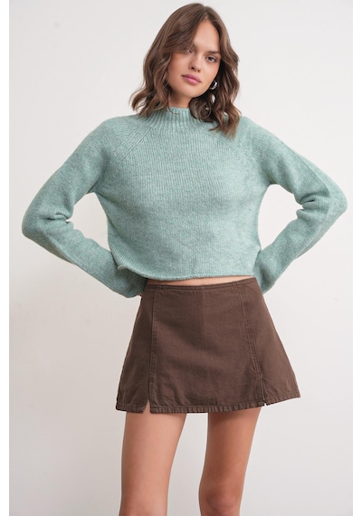 Mixray 6854 Kadın Dik Yaka Bütün Crop Triko Kazak Mint