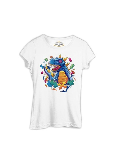 Dinosaur With Puzzle Pieces Around Beyaz Kadın Tshirt 001
