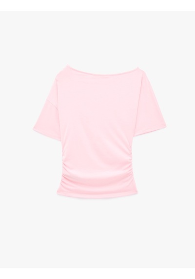 Koton Slim Fit Drape Detaylı Omzu Açık Kayık Yaka Tişört Pembe 6sak50414ek Gül