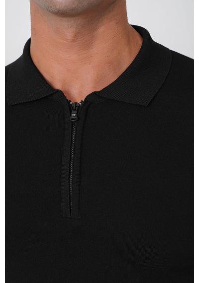 Slim Fit Esnek Pamuklu Fermuarlı Polo Yaka Siyah Triko Tr 902