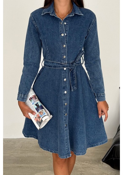 Noa & Noa Kadın Kuşaklı Düğmeli Denim Elbise Timeless Fit Mavi
