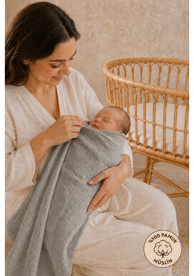 Çift Katlı %100 Organik Pamuk Bebek Yenidoğan Çok Amaçlı Müslin Örtü & Battaniye 80x90 Cm Oeko-tex Sertifikalı Bej