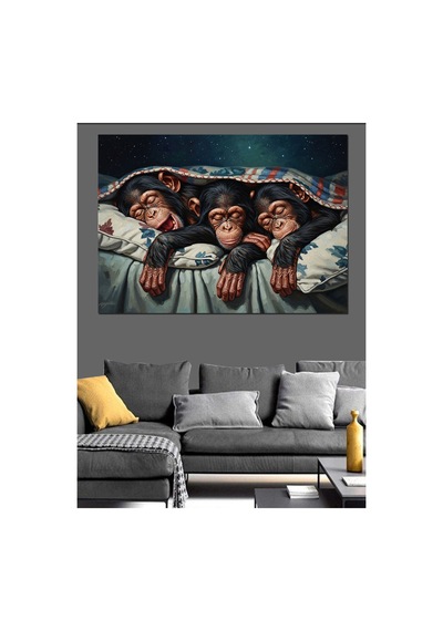 Yorgan Altında Uyuyan Yavru Maymunlar Yağlı Boya Dokulu Kanvas Tablo Canvas Tablosu