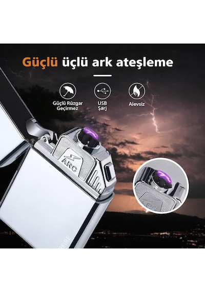 Valkyrie Usb Şarjlı Elektronik Çakmak / 4 Elektrotlu X Tip Mor Arc / Rüzgar Geçirmez, Alevsiz Silver Çok Renkli