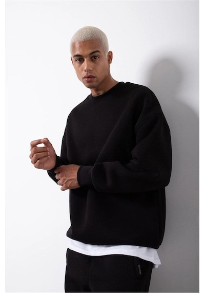 Erkek Bisikilet Yaka 3 İplik Pamuklu Sweatshirt - Siyah