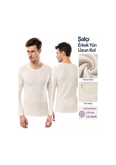 Şalcı Şalçı Safyün Erkek %75 Yün Uzun Don Ve Kısa Kol Fanila İçlik Set - 1 Set Ekru