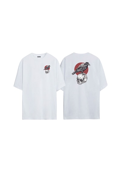 Thewert Unisex Karga Ve Skull Ön Arka Baskılı Beyaz Oversize T-shirt