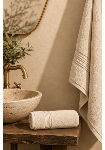 50x90 Pamuklu El Yüz Havlusu Yumuşak Dokulu Yüksek Su Emici Banyo Havlusu Dekoratif Bordürlü Günlük Kullanım Bej