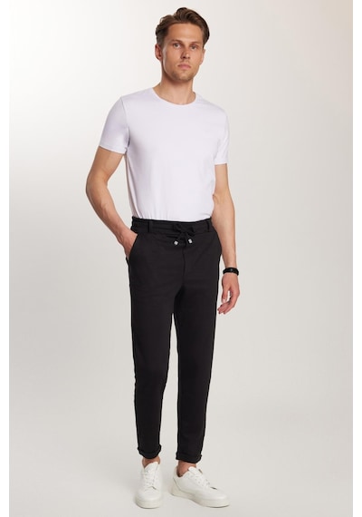 Tudors Erkek Slim Fit Pamuklu Beli Bağlamalı Yan Cepli Katlamalı Paça Jogger Siyah Pantolon-33811 Siyah