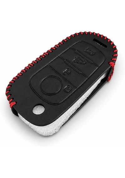 Autohan Keys Egea Uyumlu Deri Anahtar Kılıfı, 3 Buton, Siyah, Kırmızı Örgülü Anahtarlık Dahil