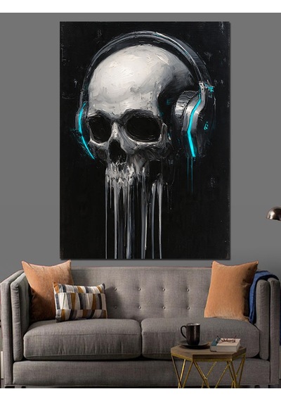 Ahşap Tablo Kulaklıklı Kafatası Müzik