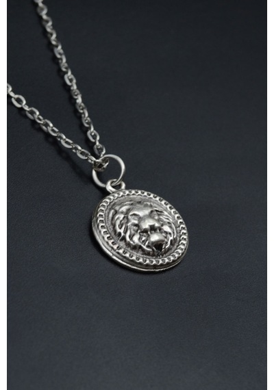 Minimal Aslan Madalyon Düz Zincir Kolye Gümüş