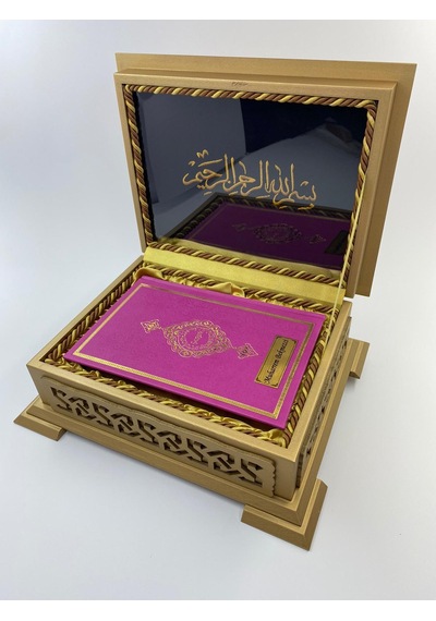 Hediyelik Kuranı Kerim Ahşap Kutulu Hafız Boy Pembe-Sarı-