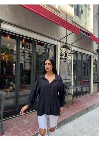 WeShaya Siyah %100 Pamuk Cepli Gömlek Siyah